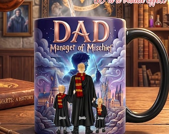 Gepersonaliseerde mok tovenaar papa, aangepaste kindernamen magische schoolmok, papa manager onheil koffiekop, cadeau voor papa, Vaderdagcadeau