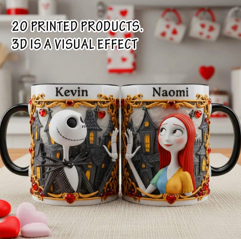 May include: Two ceramic mugs featuring Jack Skellington and Sally from The Nightmare Before Christmas. The mugs have black handles and the names "Kevin" and "Naomi" printed on them. The text "20 printed products. 3D is a visual effect" is also visible.