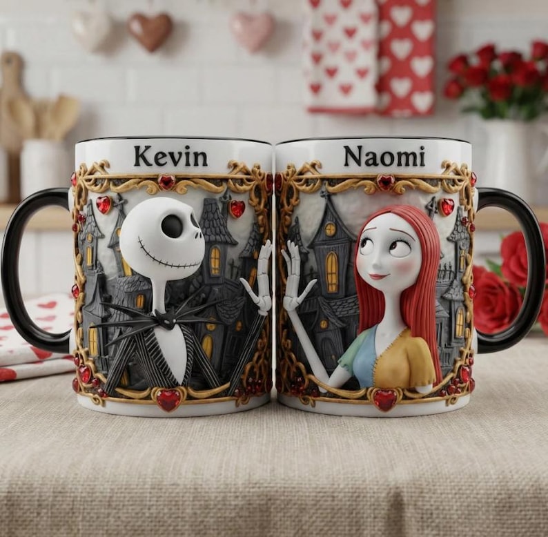May include: A pair of ceramic mugs featuring Jack Skellington and Sally from The Nightmare Before Christmas. Each mug has a black handle and is decorated with a detailed relief design of the characters and a spooky town scene. The name "Kevin" and "Naomi" are printed on the mugs.