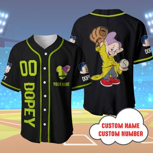 Aangepaste Dopey dwerg zwarte honkbaltrui, honkbal Disneyland familie bijpassende shirt, Dopey cartoon honkbal T-shirt voor peuter, kind en jeugd