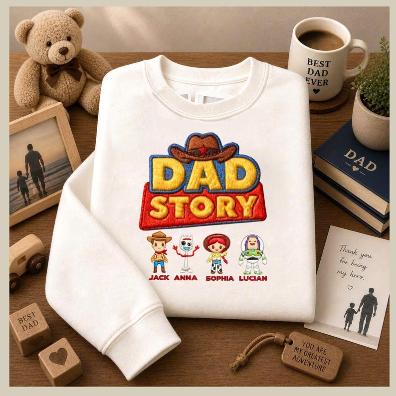 May include: White sweatshirt with a colourful embroidered "DAD STORY" design, featuring cartoon characters and names. The image includes a coffee mug, a teddy bear, and a wooden block that says "BEST DAD".