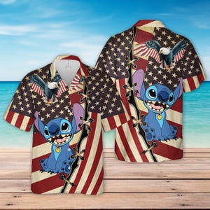 Camicia hawaiana con bandiera americana Stitch Dog, fantastico completo estivo degli USA, camicia patriottica per le vacanze a Disneyland, camicia con bottoni Disney per adulti e ragazzi.