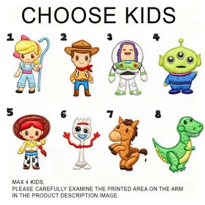 May include: Embroidered patches of animated film characters. The image shows eight different designs, each numbered, with the text "CHOOSE KIDS" at the top. The patches include a girl, a cowboy, an astronaut, an alien, a cowgirl, a fork, a horse, and a dinosaur.