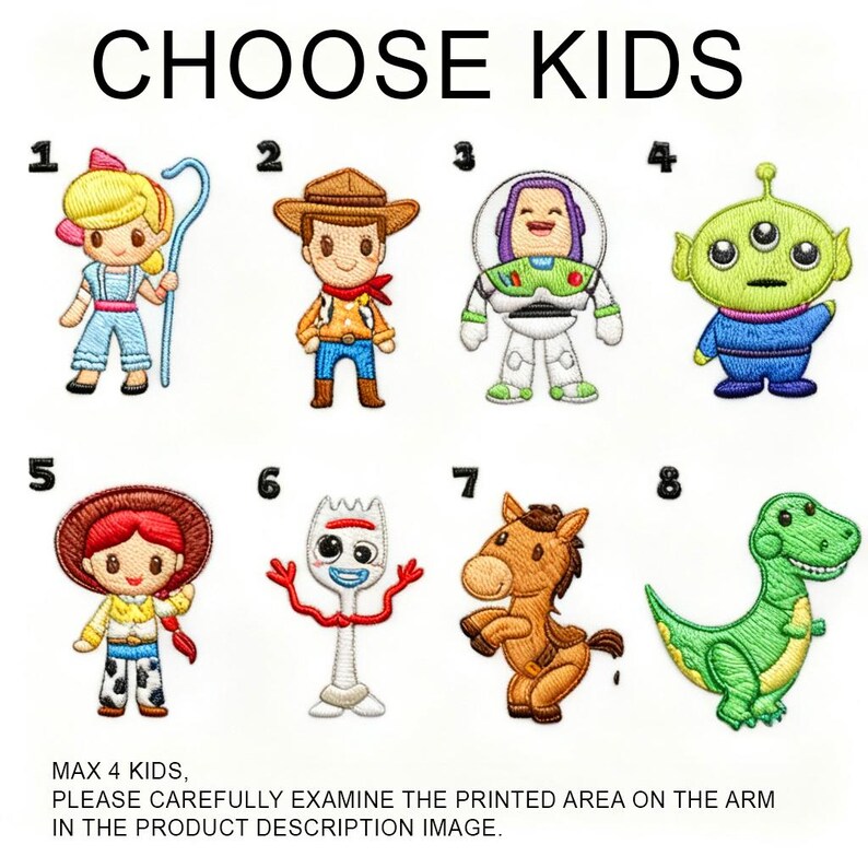 May include: Embroidered patches of animated film characters. The image shows eight different designs, each numbered, with the text "CHOOSE KIDS" at the top. The patches include a girl, a cowboy, an astronaut, an alien, a cowgirl, a fork, a horse, and a dinosaur.