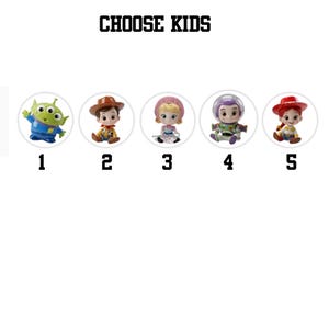 May include: Image features the text "CHOOSE KIDS" above five numbered character figurines. The figurines include a green alien, a cowboy, a girl in a pink bonnet, a space ranger, and a cowgirl. Each figurine is in a white circle.