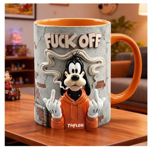 May include: A ceramic mug with an orange interior and handle. The mug features a cartoon dog character with a cigarette, giving the middle finger. The words "FUCK OFF" are displayed above the character. The character is wearing an orange hoodie. The name "TAYLOR" is printed on the mug.