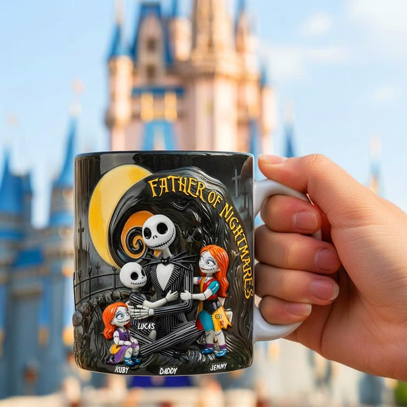 May include: Black ceramic mug featuring a 3D design of Jack Skellington and family from The Nightmare Before Christmas. The mug has the text "FATHER OF NIGHTMARES" and character names. The background includes a full moon and swirling tree.