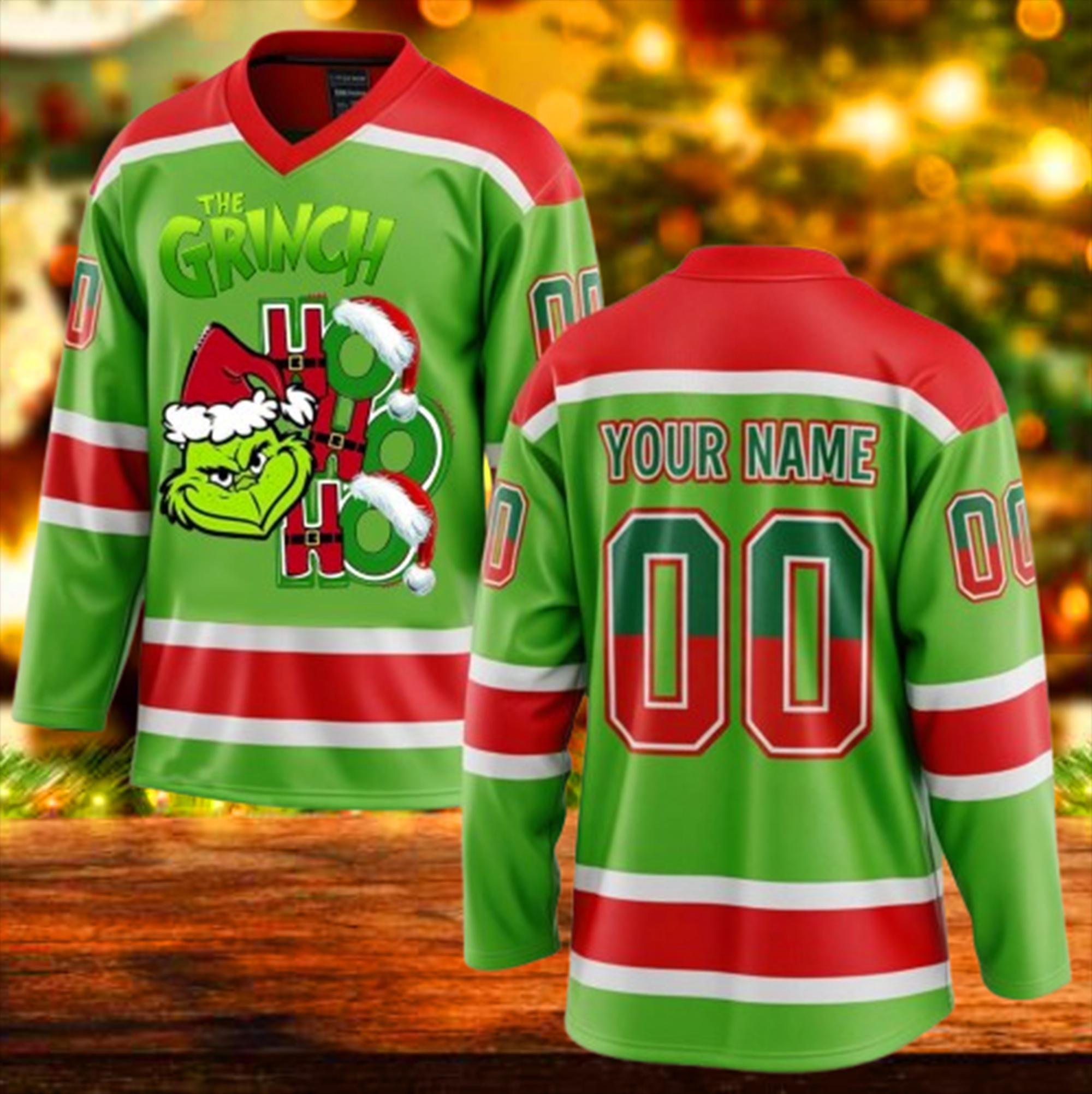 Discover Personalized Funny Character Christmas Hockey Jersey for Men with Custom Name