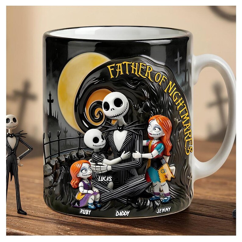 May include: Black ceramic mug featuring a 3D relief design of Jack Skellington and family from The Nightmare Before Christmas. The mug has the words "Father of Nightmares" and the names "Ruby", "Lukas", "Daddy", and "Jenny".