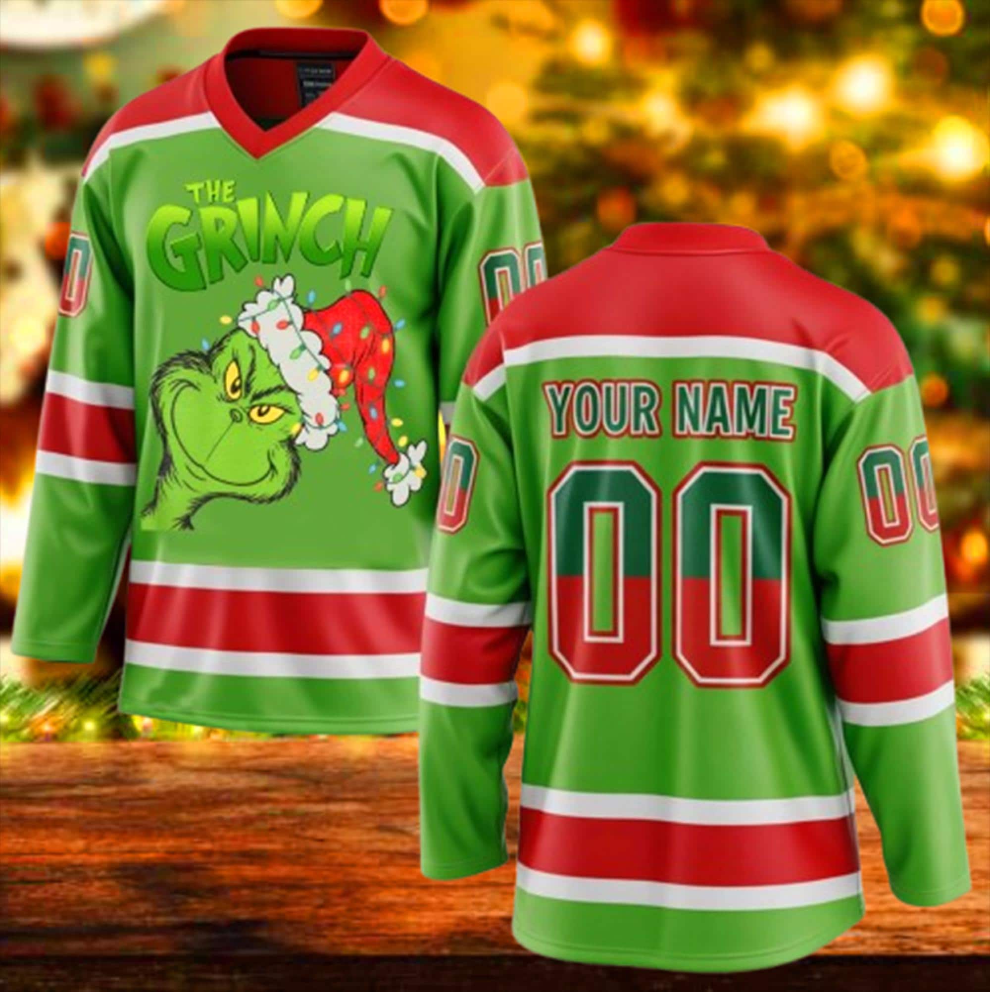 Discover Personalized Merry Christmas Funny Character Hockey Jersey for Men, Custom Name Family Christmas Jersey
