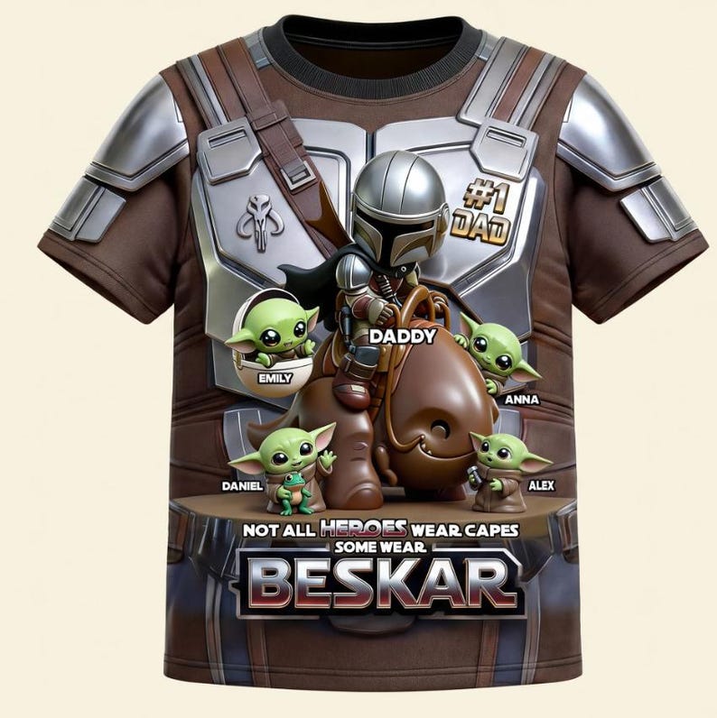 Puede incluir: Camiseta marr&oacute;n con un dise&ntilde;o de un personaje al estilo Mandaloriano y personajes Grogu. El dise&ntilde;o incluye el texto "#1 DAD", "DADDY" y "NOT ALL HEROES WEAR CAPES SOME WEAR BESKAR".