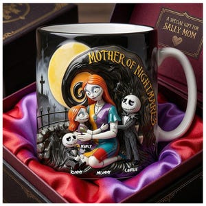 May include: Black ceramic mug featuring a 3D design with characters from "The Nightmare Before Christmas." The mug has a white handle and the words "Mother of Nightmares." The mug is in a gift box with a tag that says "A Special Gift for Sally Mom."