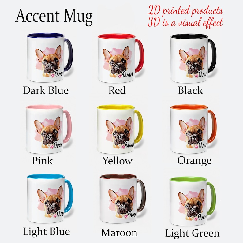 May include: A collection of white ceramic accent mugs with different colored interiors and handles. Each mug features a French Bulldog portrait with the name "Ovan" and a pink floral accent. Colors include dark blue, red, black, pink, yellow, orange, light blue, maroon, and light green.