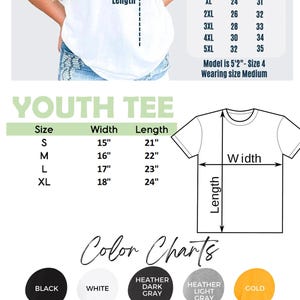 May include: White t-shirt with size charts for adult and youth sizes. The Gildan 5000 size chart shows measurements in inches (approx. 46cm to 81cm) for sizes S to 5XL. The youth tee chart shows measurements in inches (approx. 38cm to 46cm) for sizes S to XL. Color options include black, white, and heather gray.