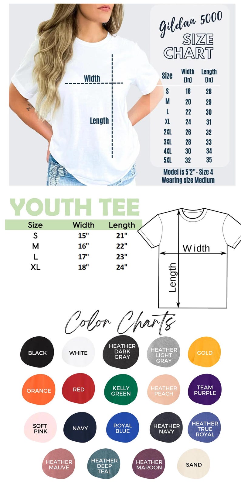 May include: White t-shirt with size charts for adult and youth sizes. The Gildan 5000 size chart shows measurements in inches (approx. 46cm to 81cm) for sizes S to 5XL. The youth tee chart shows measurements in inches (approx. 38cm to 46cm) for sizes S to XL. Color options include black, white, and heather gray.