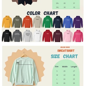 May include: Image showing a white hoodie and a light green sweatshirt. Size and colour charts are displayed, with measurements in inches. The colour chart includes options like black, red, and navy.