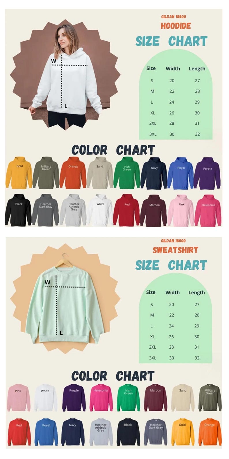 May include: Image showing a white hoodie and a light green sweatshirt. Size and colour charts are displayed, with measurements in inches. The colour chart includes options like black, red, and navy.