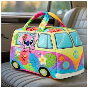 May include: A colorful, quilted travel bag shaped like a vintage van. The bag features a cartoon character, tropical flowers, and the name "Jessi". The design incorporates a rainbow of colors, including pink, yellow, blue, and green, with a peace sign on the front.