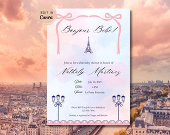 Bonjour Bébé Parisian Baby Shower Invitation | Editable Canva Template | Instant Download | Personalized Invite