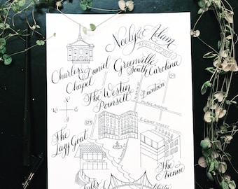 Calligraphy Hand Illustrated Wedding Map / Hand drawn Map / Hand Calligraphy / Custom Art Map / Handwritten Map / Wedding Map