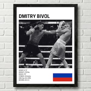May include: Black and white framed print featuring boxer Dmitry Bivol in action. The print includes Bivol's name, height (6' 0"), weight (174 lbs), reach (72"), stance, date of birth, record, and the Russian flag.