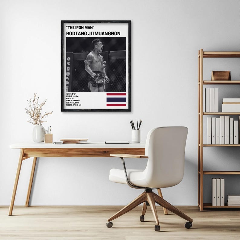 a poster of a fighter on the wall above a wooden desk with a white chair.