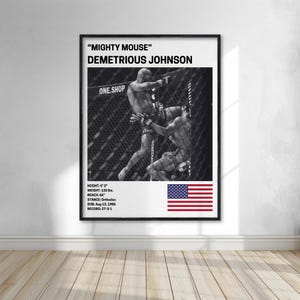 The image is a framed poster featuring a black and white photograph of two men engaged in a fighting stance, with one man appearing to be a wrestler and the other a boxer. The poster is mounted on a wall in a room with a wooden floor.