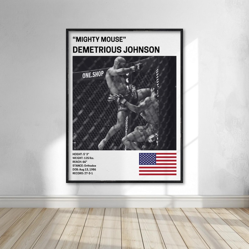The image is a framed poster featuring a black and white photograph of two men engaged in a fighting stance, with one man appearing to be a wrestler and the other a boxer. The poster is mounted on a wall in a room with a wooden floor.