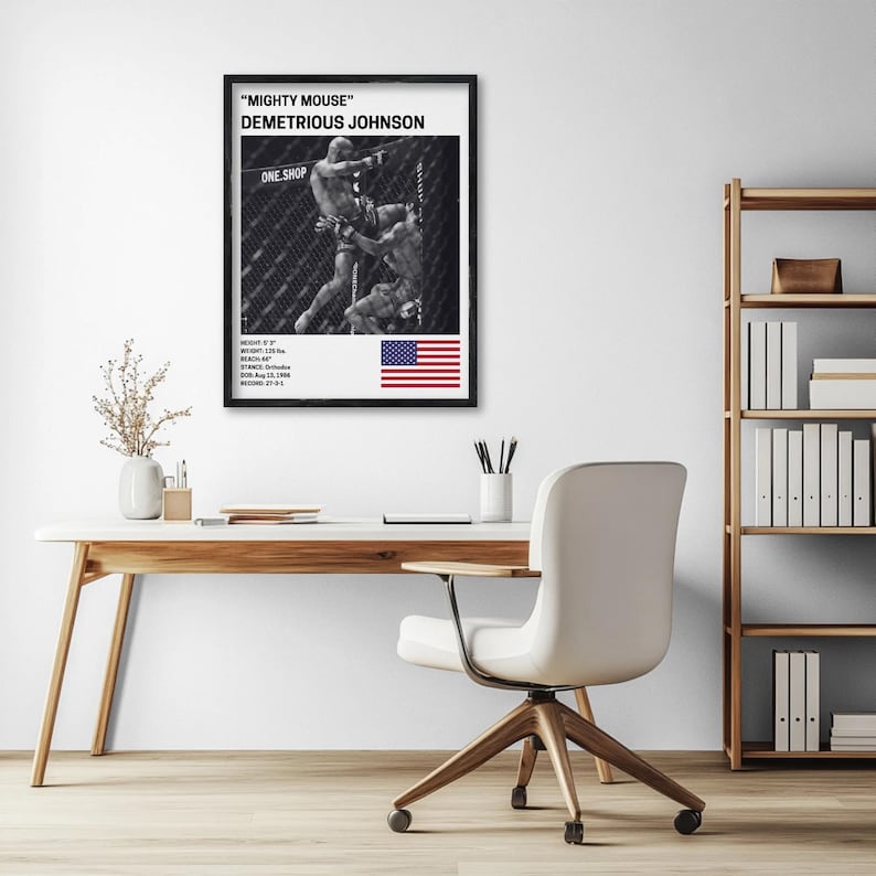 a poster of a man in a fighting stance, with a black and white background and an American flag, hanging on a wall above a wooden desk with a white chair.