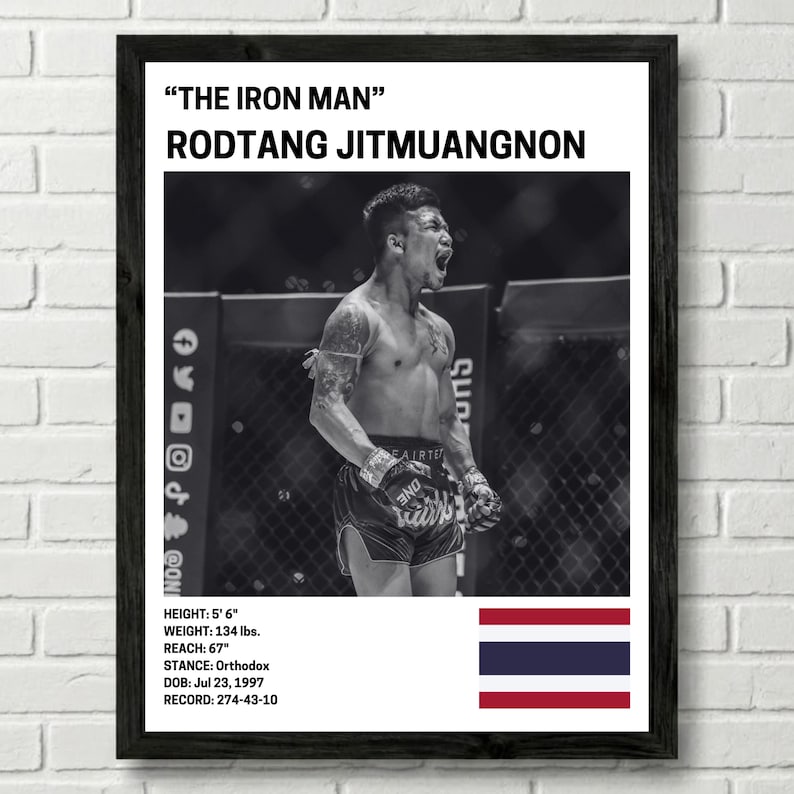 The image is a framed poster featuring a black and white photograph of a male fighter, identified as Rodtang Jitmuangnon, who is described as the "Iron Man" in the provided text.