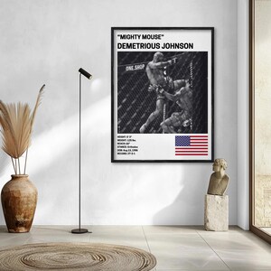 a framed poster of Demetrius Johnson, a professional boxer, hanging on a wall in a room with a floor lamp and a vase of dried plants.