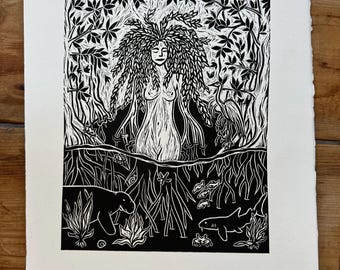 Grabado en linóleo de manglares de Florida, arte mural de criaturas marinas