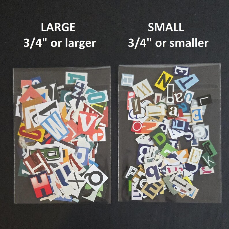 May include: Two clear plastic bags filled with assorted paper letter cutouts in various fonts and colors. The left bag is labeled LARGE 3/4" or larger, and the right bag is labeled SMALL 3/4" or smaller, indicating the size of the paper letters inside.