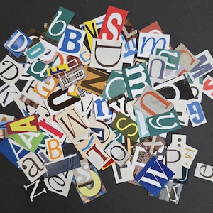 May include: A collection of assorted paper cutouts featuring various letters of the alphabet in different fonts, sizes, and colors. The pieces include both uppercase and lowercase characters, some with solid backgrounds and others with photographic textures.