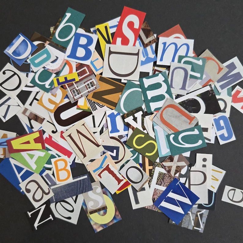 May include: A collection of assorted paper cutouts featuring various letters of the alphabet in different fonts, sizes, and colors. The pieces include both uppercase and lowercase characters, some with solid backgrounds and others with photographic textures.
