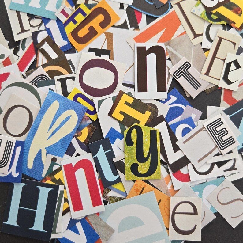 May include: A collection of assorted paper cutouts featuring various letters of the alphabet in different fonts, sizes, and colors. The letters are scattered in a dense, overlapping arrangement, showcasing a mix of serif, sans-serif, and decorative styles.