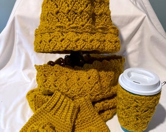 Crochet Cowl Hat Fingerless Mittens cup cozy