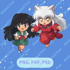 Inuyasha & Kagome Chibi Sticker Set, Anime PNG, Manga Art, Anime Stickers, Sublimation, Cute Chibi Art, Japanese Anime, Instant Download