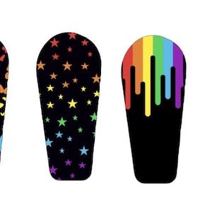 May include: Four different designs for a phone case. The designs include a rainbow drip, a pattern of stars, a pattern of butterflies, and a pattern of butterflies with a rainbow gradient.