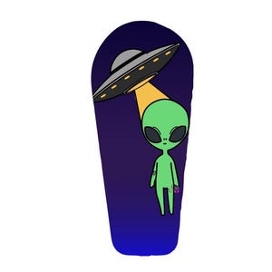 May include: A cartoon illustration of a green alien with large black eyes standing under a yellow beam of light from a gray and black UFO. The background is a gradient of dark blue and purple.