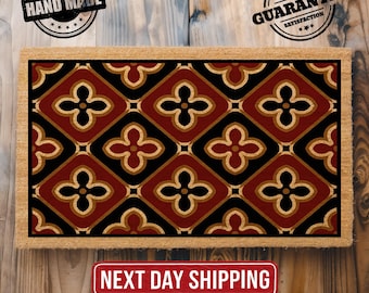 Boho Doormat, Geometric Pattern Welcome Mat, Coir Front Door Decor