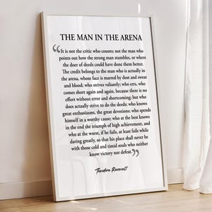The Man In The Arena Printable Wall Art, Theodore Roosevelt, Literary Home Decor, Framed Theodore Roosevelt Quote, Office Decor, Wall Art