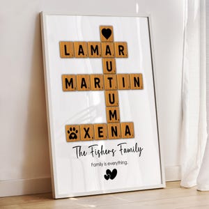 May include: A white framed print with a black heart at the top. The print features a scrabble tile design with the names Lamar, Martin, Autumn, and Xena. The text "The Fishers Family" and "Family is everything." is below the tiles.