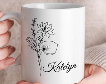 Birth Flower Coffee Mug, Personalized Birthday Gift