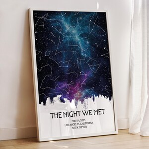 May include: Framed print featuring a vibrant depiction of a starry night sky with constellations. The artwork includes the text "THE NIGHT WE MET" along with a date, location, and coordinates. The print is encased in a white frame.
