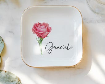 Custom Birthflower Ceramic Trinket Dish, Personalized Jewelry Holder