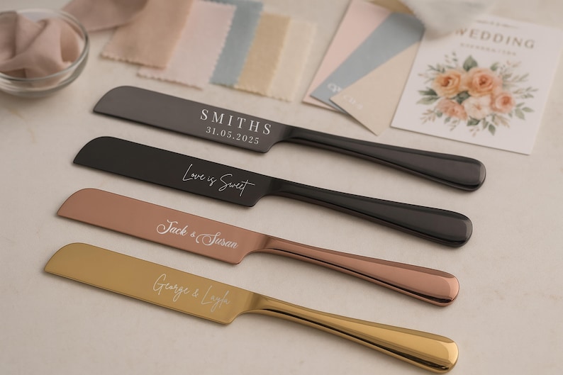 May include: Four personalized cake knives in black, rose gold, and gold tones, with engraved text. The knives are arranged on a light surface, with wedding-themed stationery and fabric swatches in the background. The text includes names and dates.