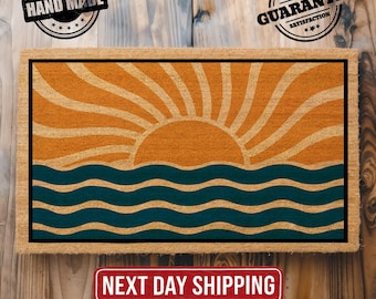 Boho Sunset Doormat, Bohemian Beach Entryway Decor, Coir Outdoor Rug