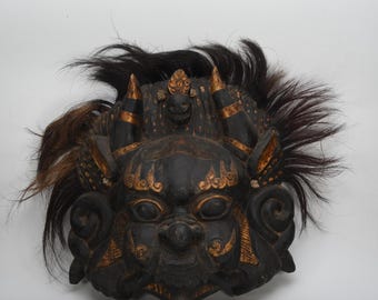 Hand-Carved Tibetan Mahakala Mask, Wrathful Deity Wall Hanging, Himalayan Tribal Art, Ritual Hair Detail