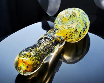 Hand Blown Fumed Glass Spoon Pipe – 4" Yellow Black Swirl, USA Made